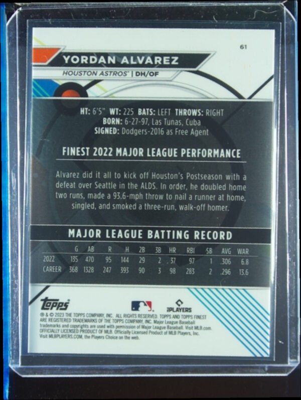 2023 Finest Yordan Alvarez Purple Refractor SN250 #61 Astros - Image 3