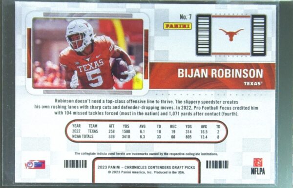 2023 Panini Chronicles Draft Picks Bijan Robinson RC #7 Longhorns Contenders - Image 3