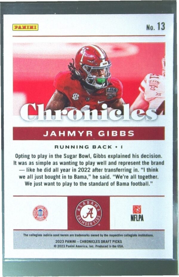 2023 Panini Chronicles Draft Picks Jahmyr Gibbs RC #13 Tide - Image 3