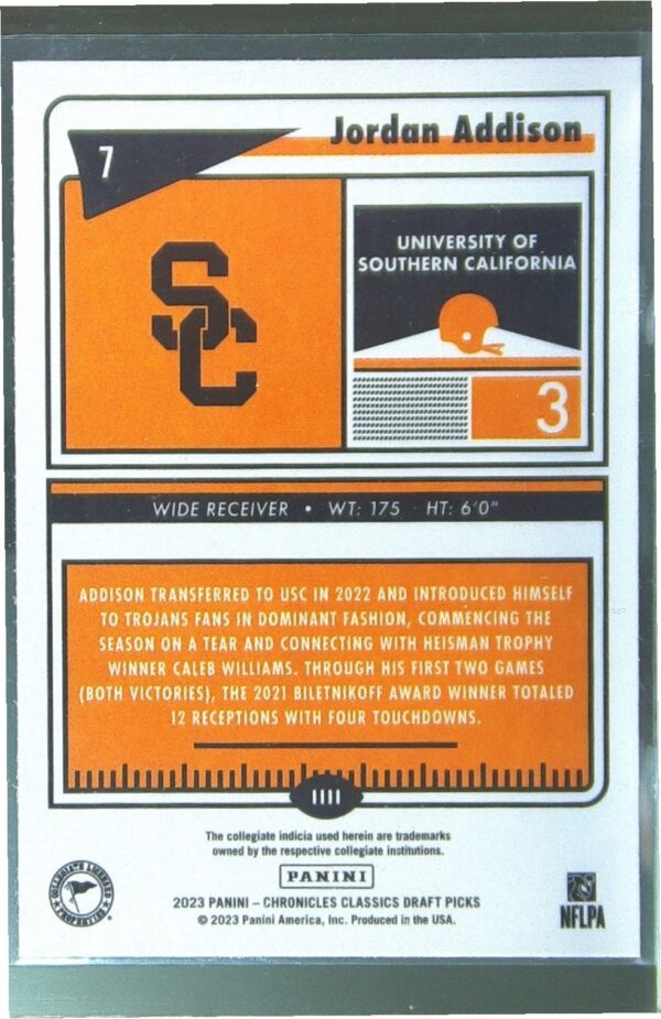 2023 Panini Chronicles Draft Picks Jordan Addison #7 Trojans Classics Premium - Image 3