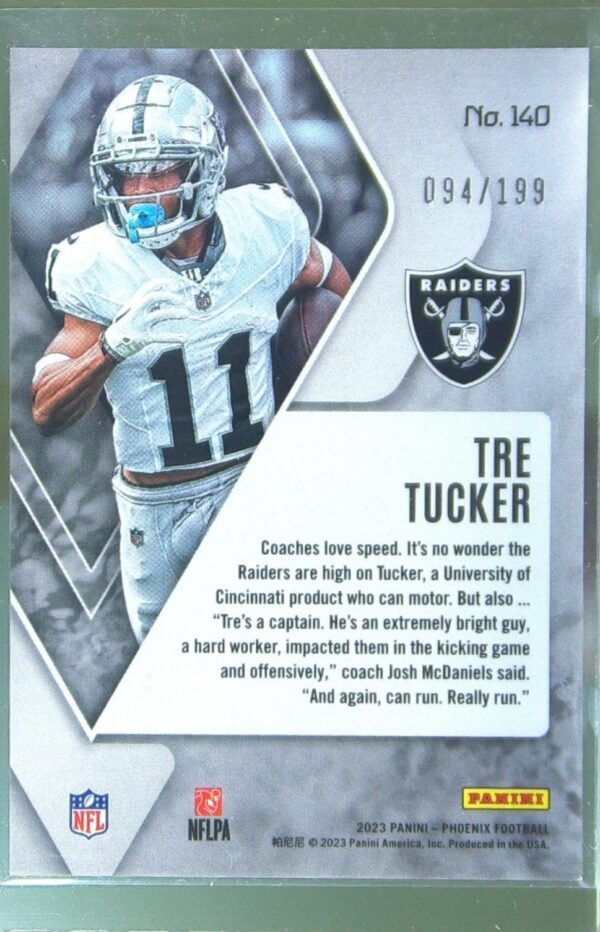 2023 Panini Phoenix Tre Tucker Pink /199 RC #140 Raiders - Image 3