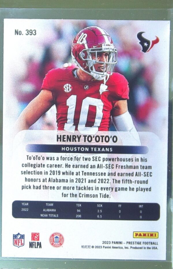 2023 Panini Prestige Henry To'oto'o SP RC #393 Texans - Image 3