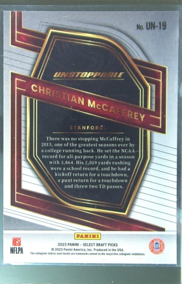 2023 Panini Select Draft Picks Christian McCaffrey #UN-19 Cardinal Unstoppable - Image 3
