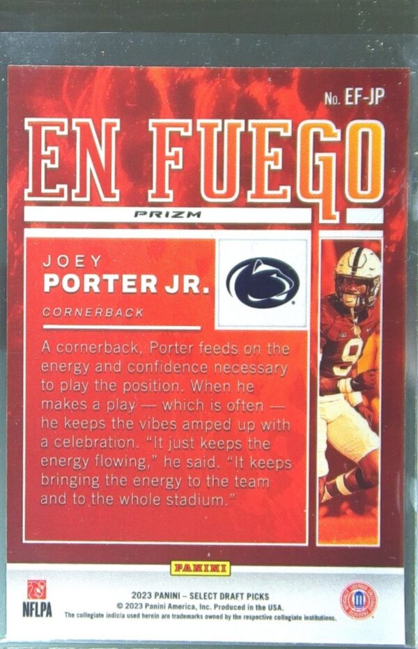 2023 Panini Select Draft Picks Joey Porter Jr. RC #EF-JP Lions En Fuego Silver - Image 3