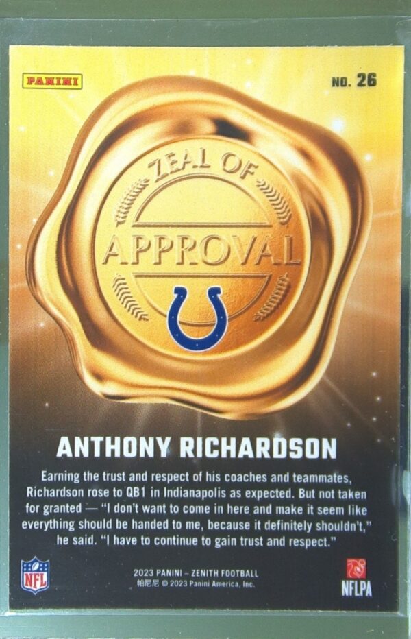 2023 Panini Zenith Anthony Richardson #26 Colts Zeal of Approval - Image 3
