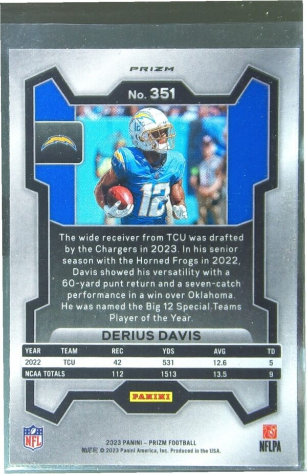 2023 Prizm Derius Davis Green Wave RC #351 Chargers - Image 3