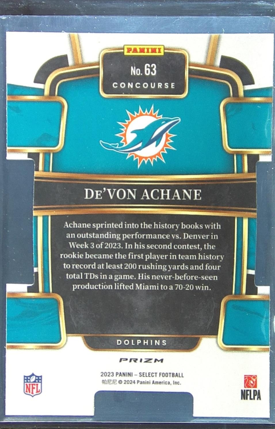 2023 Select De'Von Achane Green and Yellow Prizms Die Cuts RC #63 Dolphins - Image 3