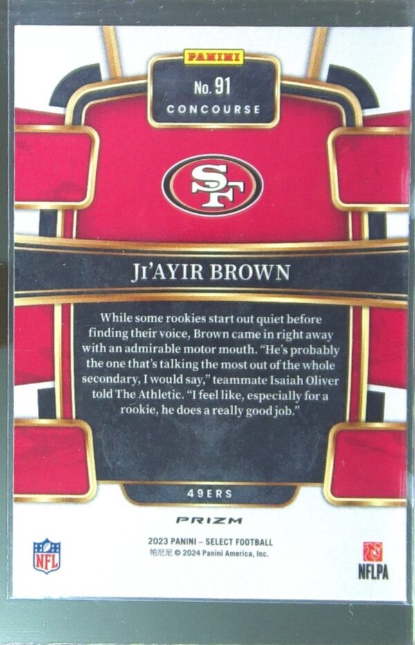 2023 Select Ji'Ayir Brown Silver Prizms RC #91 49ers - Image 3