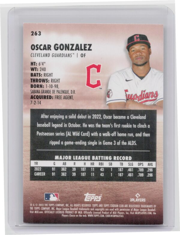2023 Stadium Club Oscar Gonzalez Rookie #263 Guardians - Image 3