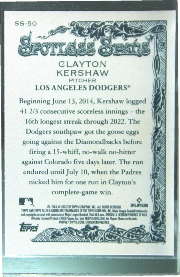 2023 Topps Allen & Ginter Clayton Kershaw #SS-50 Dodgers Spotless Spans - Image 3