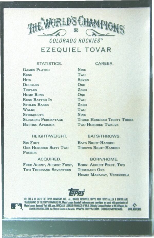 2023 Topps Allen & Ginter Ezequiel Tovar RC #88 Rockies - Image 3