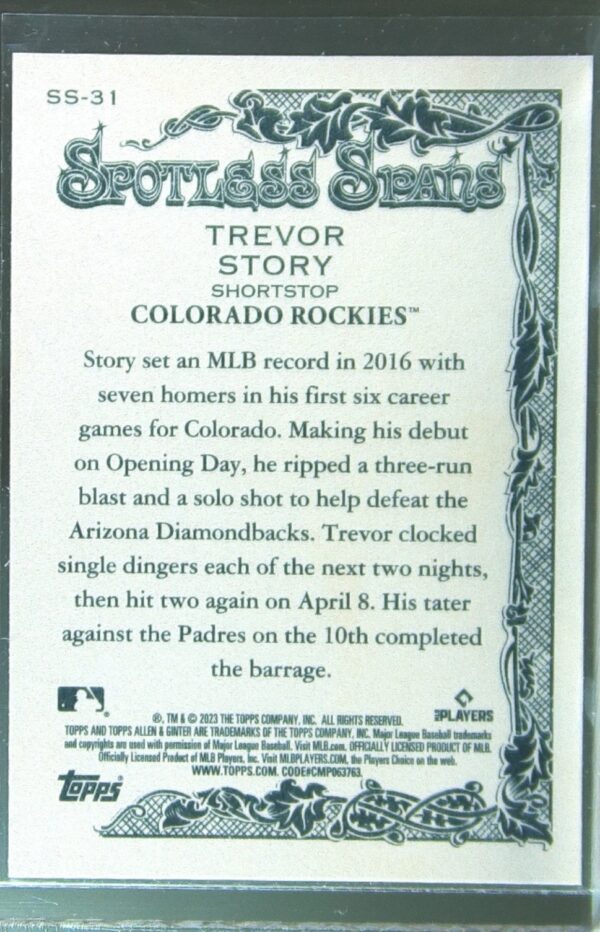 2023 Topps Allen & Ginter Trevor Story #SS-31 Rockies Spotless Spans - Image 3
