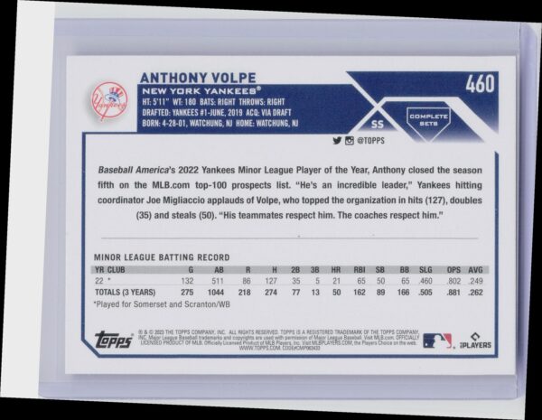 2023 Topps Anthony Volpe #460 Yankees Factory Set Bonus: Rookie Variations - Image 3
