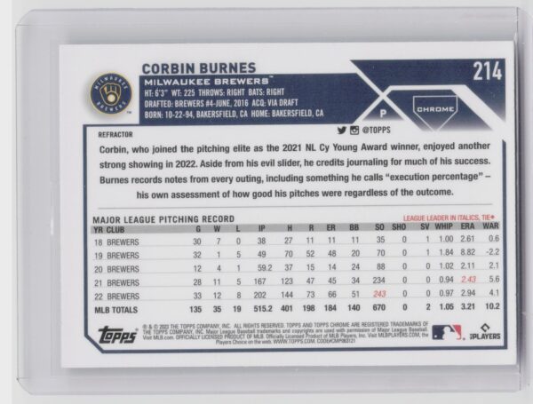 2023 Topps Chrome Corbin Burnes Refractor #214 Brewers - Image 3