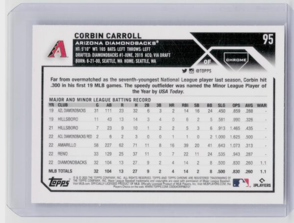 2023 Topps Chrome Corbin Carroll RC #95 Diamondbacks - Image 3