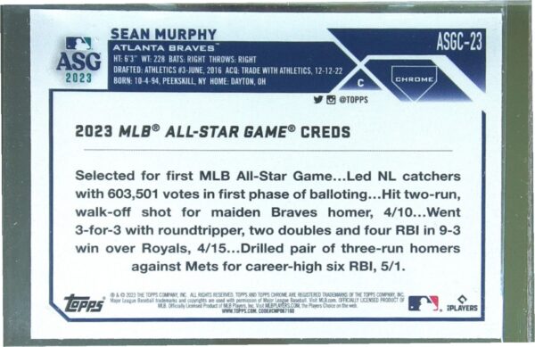 2023 Topps Chrome Update Sean Murphy #ASGC-23 Braves 2023 All Star Game - Image 3