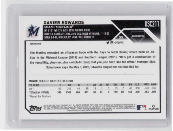 2023 Topps Chrome Update Xavier Edwards Refractor #USC211 Marlins - Image 3