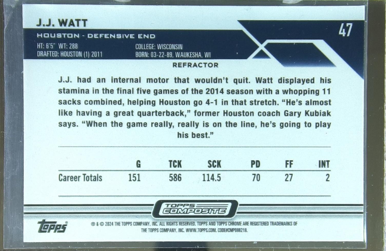 2023 Topps Composite J.J. Watt Topps Chrome Refractor #47 Texans - Image 3