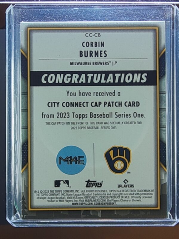 2023 Topps Corbin Burnes #CC-CB Brewers City Connect Commemorative Patch - Image 3