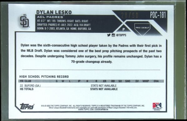 2023 Topps Pro Debut Dylan Lesko Chrome Gold Mini Diamond Refractor /50 #PDC-181 - Image 3
