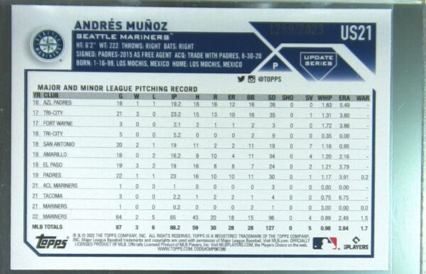 2023 Topps Update Andres Munoz Gold /2023 #US21 Mariners - Image 3