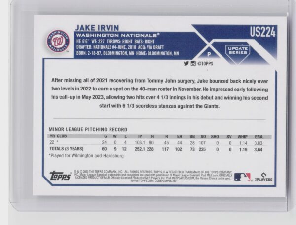 2023 Topps Update Jake Irvin Silver Pattern Foilboard #US224 Nationals - Image 3