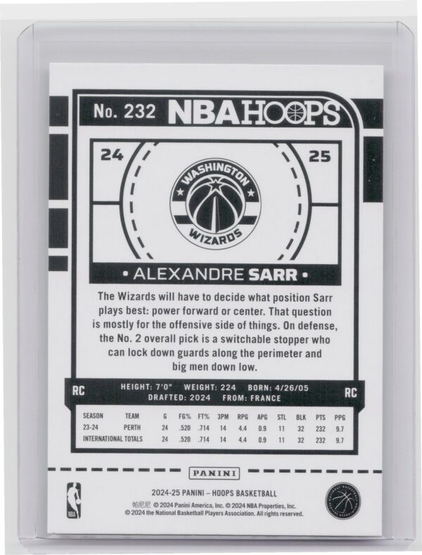 2024-25 Hoops Alexandre Sarr RC #232 Wizards - Image 3