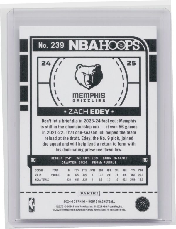 2024-25 Hoops Zach Edey RC #239 Grizzlies - Image 3