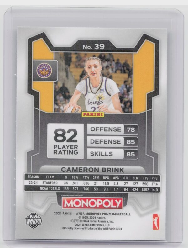 2024-25 Panini Prizm Monopoly WNBA Cameron Brink RC 39 Sparks - Image 3