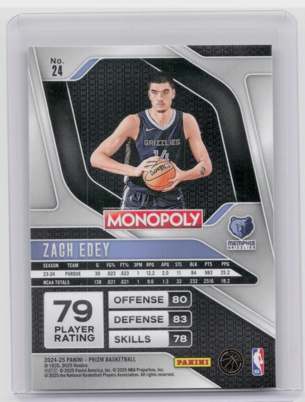 2024-25 Panini Prizm Monopoly Zach Edey RC 24 Grizzlies - Image 3