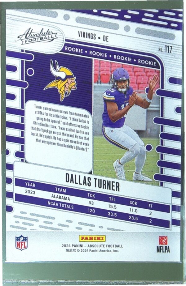 2024 Absolute Dallas Turner Green RC 117 Vikings - Image 3