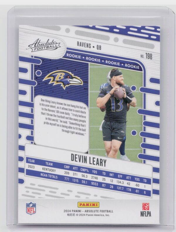 2024 Absolute Devin Leary Red and Blue RC 198 Ravens - Image 3