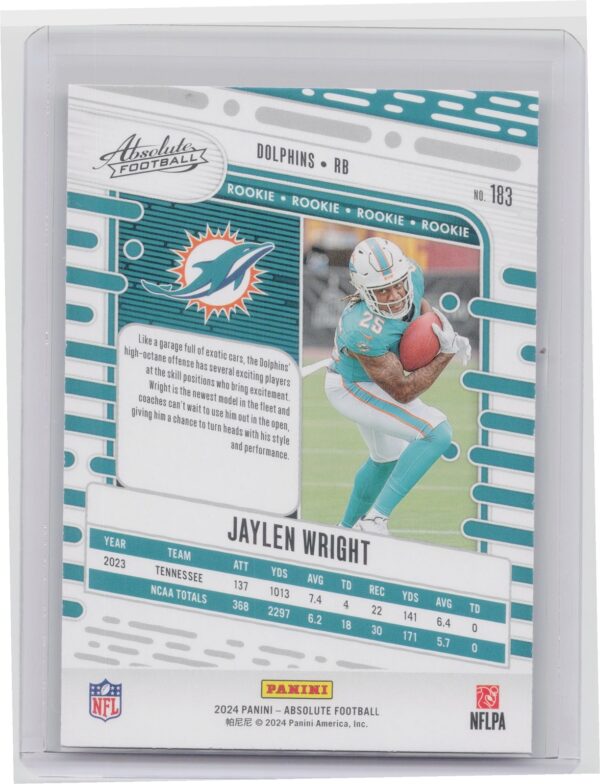 2024 Absolute Jaylen Wright Red and Blue RC 183 Dolphins - Image 3