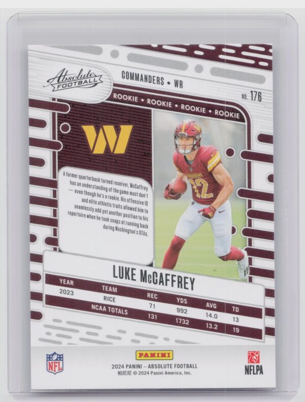 2024 Absolute Luke McCaffrey RC 176 Commanders - Image 3