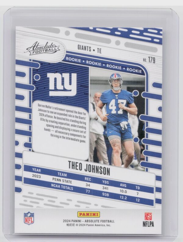 2024 Absolute Theo Johnson Red and Blue RC 179 Giants - Image 3
