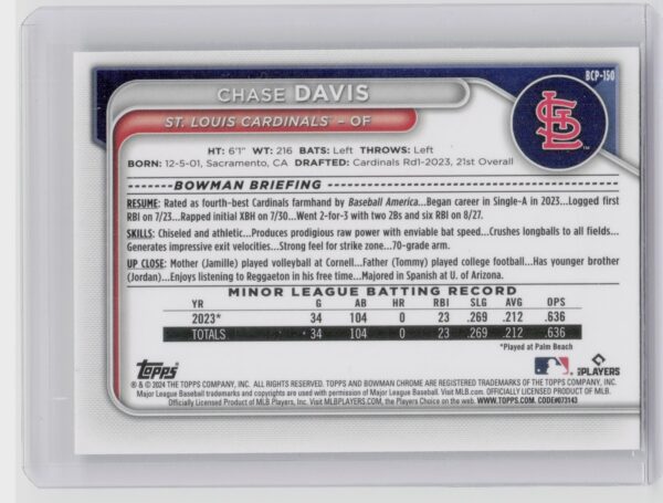 2024 Bowman Chase Davis #BCP-150 Cardinals Chrome Prospects Lunar Glow Refractor - Image 3