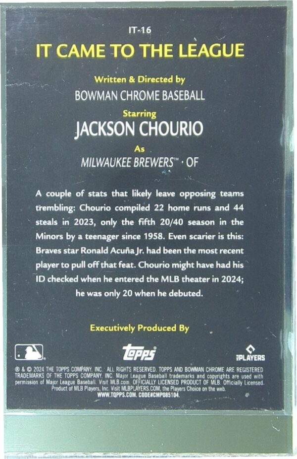 2024 Bowman Chrome Jackson Chourio RC #IT-16 Brewers It Came to the League - Image 3