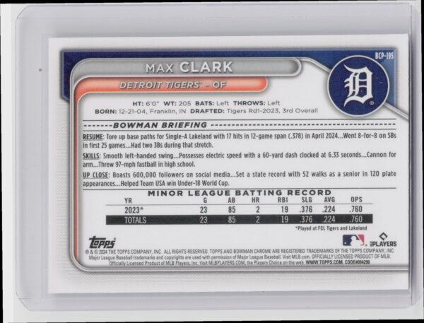 2024 Bowman Chrome Max Clark #BCP-195 Tigers Prospects Mojo Refractors - Image 3