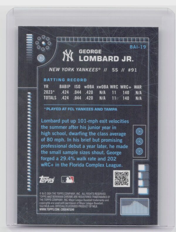 2024 Bowman George Lombard Jr. #BAI-19 Yankees Bowman A.I. - Image 3
