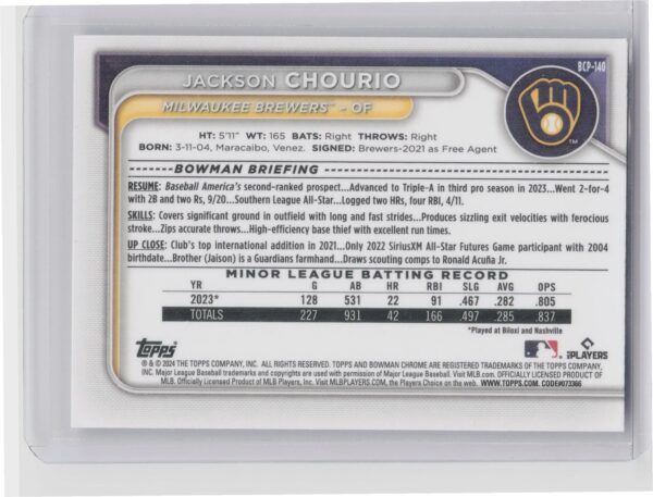 2024 Bowman Jackson Chourio #BCP-140 Brewers Chrome Prospects Mojo Refractors - Image 3