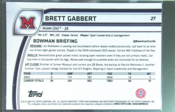 2024 Bowman University Chrome Brett Gabbert Pink Lava Refractor RC 27 RedHawks - Image 3