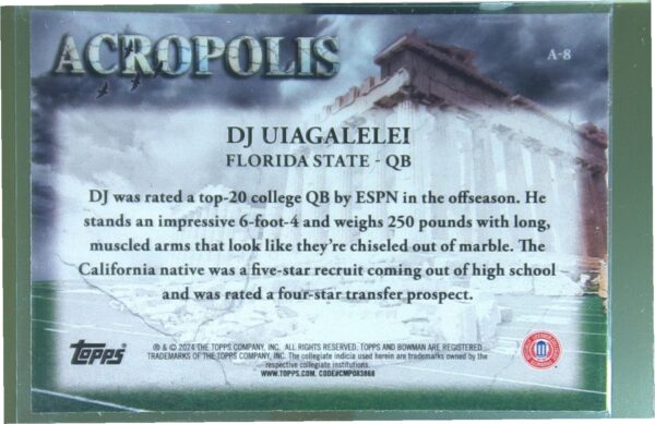 2024 Bowman University Chrome DJ Uiagalelei A-8 Seminoles Acropolis - Image 3