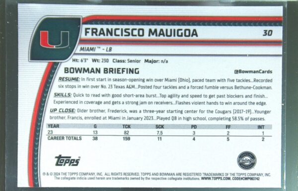 2024 Bowman University Chrome Francisco Mauigoa Pink Lava Refractor RC 30 - Image 3