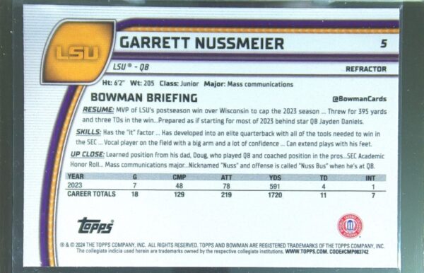 2024 Bowman University Chrome Garrett Nussmeier Refractor RC 5 Tigers - Image 3