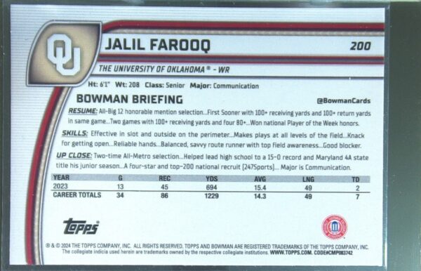 2024 Bowman University Chrome Jalil Farooq Teal Lava Refractor RC 200 Sooners - Image 3
