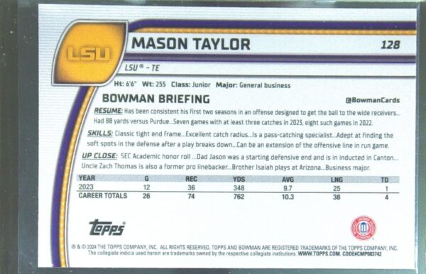 2024 Bowman University Chrome Mason Taylor X Fractor RC 128 Tigers - Image 3