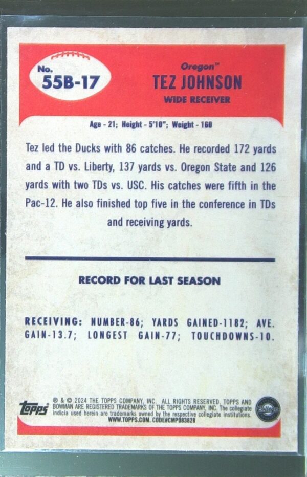 2024 Bowman University Chrome Tez Johnson #55B-17 Ducks 1955 Bowman Football - Image 3