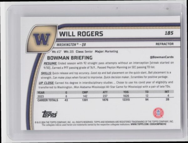 2024 Bowman University Chrome Will Rogers 185 Huskies - Image 3