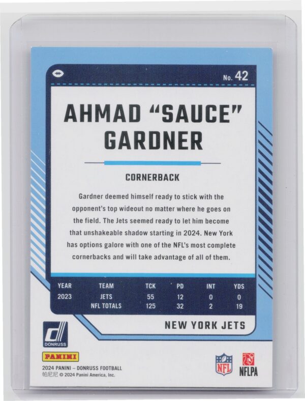 2024 Donruss Ahmad "Sauce" Gardner Press Proof Purple 42 Jets - Image 3