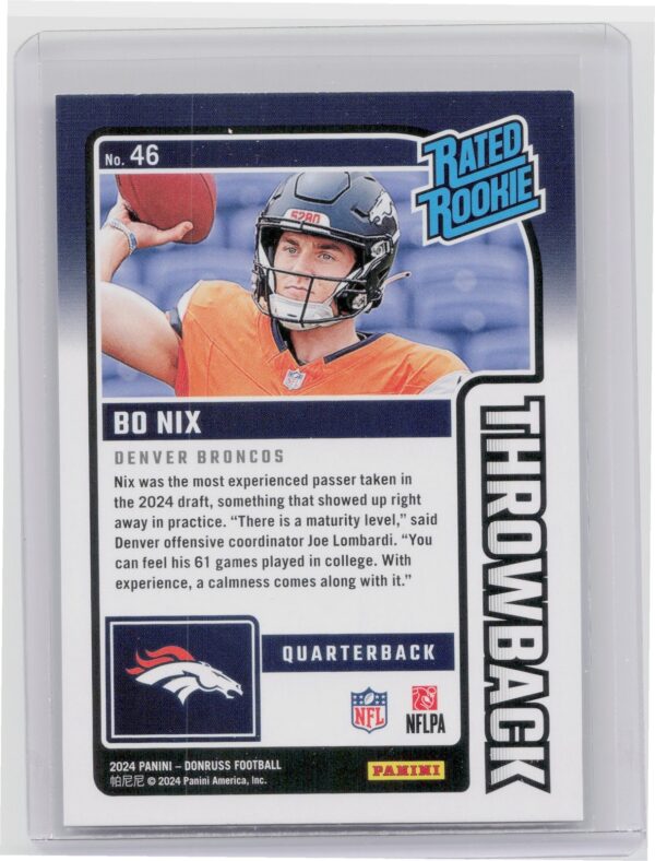 2024 Donruss Bo Nix 46 Broncos Rated Rookies Throwback - Image 3